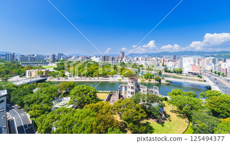 Aerial panoramic photo of Hiroshima Atomic Bomb Dome and Peace Park [Image of Hiroshima City] 125494377