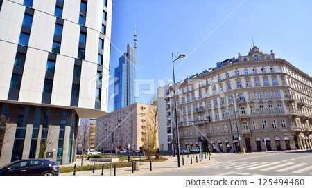Warsaw, Poland. 28 March 2025. Urban landscape with modern buildings in the Wola district.  125494480