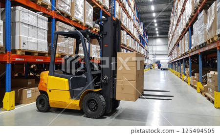 AI image: A logistics warehouse with packages piled high 125494505