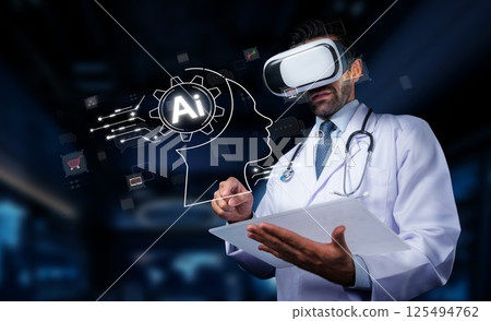 Medical professional using virtual reality technology to enhance artificial intelligence in healthcare for innovative patient treatment and data analysis. PHMT Medical professional using virtual reality technology to enhance artificial intelligence in healthcare for innovative patient treatment and data analysis. PHMT 125494762