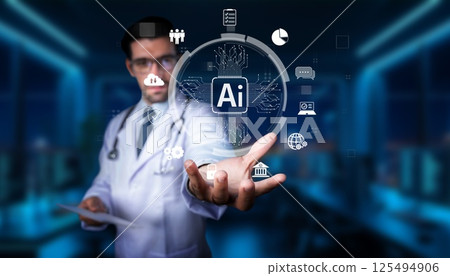 Medical Professional Using Artificial Intelligence Technology in Healthcare with Data and Icon Visuals in a Modern Medical Environment. PHMT 125494906