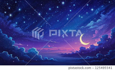 Starry sky and moon seen behind the clouds, night view 125495541