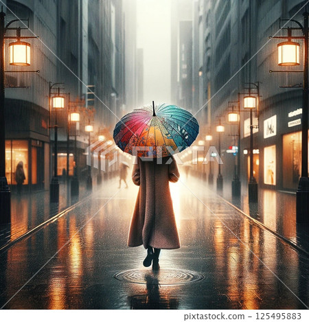 Rainy night, colorful umbrellas and quiet city 125495883