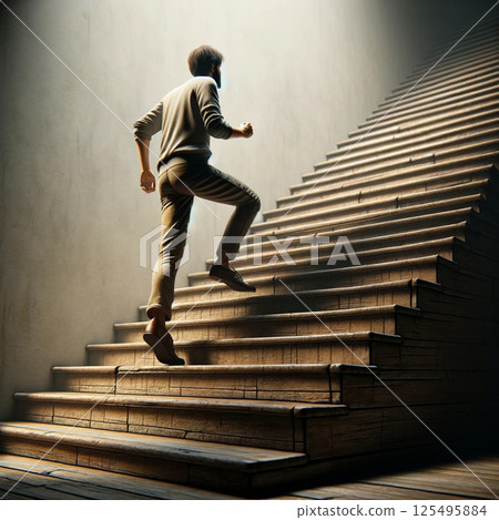 Determination and challenge of a man running up the stairs Determination and challenge of a man running up the stairs 125495884