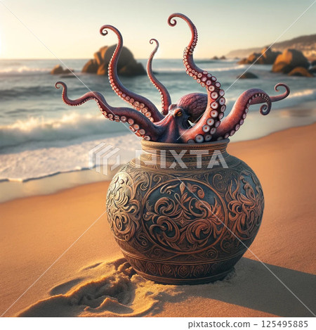 A unique scene of an octopus emerging from a sandy hole A unique scene of an octopus emerging from a sandy hole 125495885