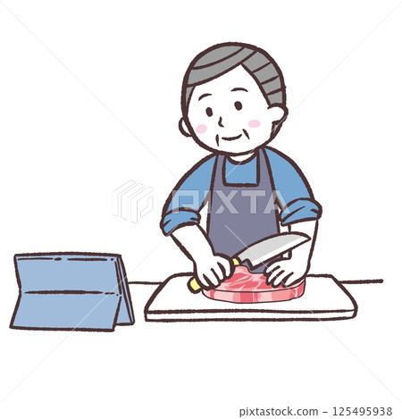 Illustration of a senior man cooking meat while watching a video 125495938