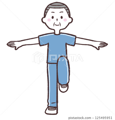 一位老人的全身插圖，睜著眼睛，張開雙臂，抬起一條腿 125495951