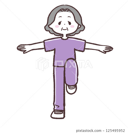 Full-body illustration of a senior woman with her eyes open, arms spread and one leg raised Full-body illustration of a senior woman with her eyes open, arms spread and one leg raised 125495952
