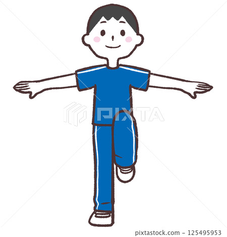 一名男子的全身插圖，睜著眼睛，張開雙臂，抬起一條腿 125495953