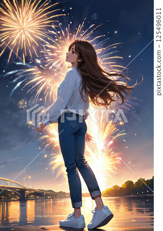 一個女孩在玩煙火 125496011