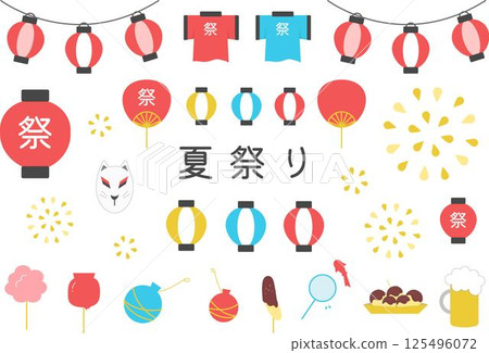 一組可愛的夏日祭典插圖（小吃攤、煙火、小吃攤），可用於傳單和海報 125496072