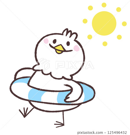 一隻白色的鳥在泳圈裡仰望太陽的插圖 125496432