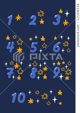 Poster with numbers and stars on a dark blue background for education, vector illustration. 125496558