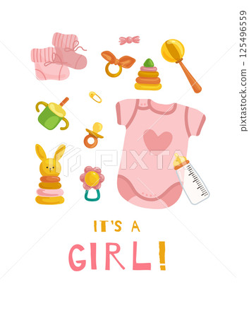 Set of illustrations with clothes and toys for a little girl with a drinking cup, rattle on a white background. 125496559