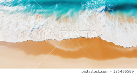 Top view oncoast with ocean waves. Blue water background. Summer seascape from air. Generative AI 125496599