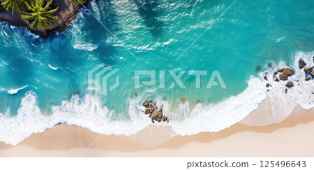 Aerial top view on sand ocean beach with palm trees. Summer vacation paradise concept. Generative AI 125496643