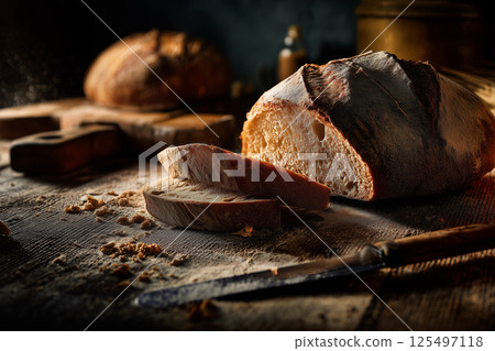 Artisan bread in a dark, moody bakery scene, highlighted by dramatic lighting. 125497118