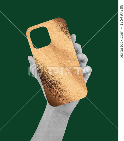 Bronze and golden metallic phone case with a glossy, crumpled texture, held by hand. Stylish, Bronze and golden metallic phone case with a glossy, crumpled texture, held by hand. Stylish, 125497289