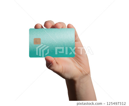 Card showing in female hand. Turquoise bankcard with chip, front view, elegant design for electronic 125497312