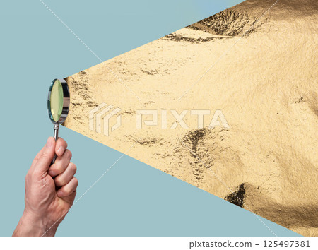 Magnify concept with golden glass. Bright tool for search, zoom, analysis and insight, idea and Magnify concept with golden glass. Bright tool for search, zoom, analysis and insight, idea and 125497381