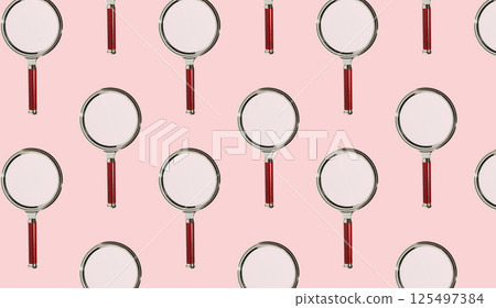 Magnifying glasses arranged in a repeating pattern, symbolizing exploration, examination, and Magnifying glasses arranged in a repeating pattern, symbolizing exploration, examination, and 125497384
