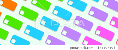 Phone case mockup with a repeating pattern of bright, colorful designs. Different cases arranged in Phone case mockup with a repeating pattern of bright, colorful designs. Different cases arranged in 125497391