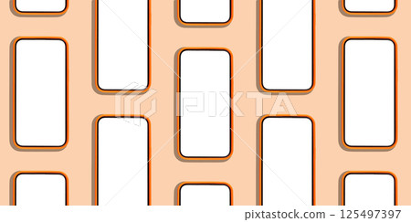 Phone mockup arranged in a row, with many mobile screens lying flat in a clean, minimal pattern. 125497397