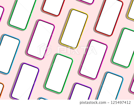 Phone mockup with multiple smartphones arranged in a row, displaying clean, blank screens. Bright, Phone mockup with multiple smartphones arranged in a row, displaying clean, blank screens. Bright, 125497412