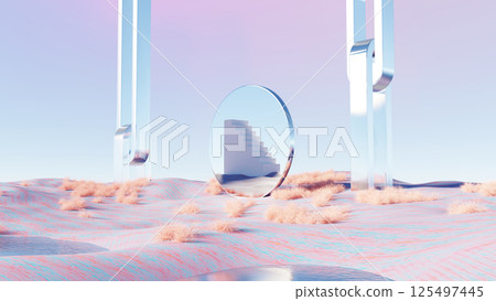 3D render, Surreal landscape Futuristic mirror portal in pastel desert reflecting white staircase 3D render, Surreal landscape Futuristic mirror portal in pastel desert reflecting white staircase 125497445