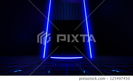 3d render, Abstract technology futuristic neon blue light stage in dark sci fi city background 125497450