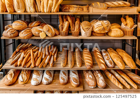 Bakery display with a variety of breads, including baguettes and rolls 125497525