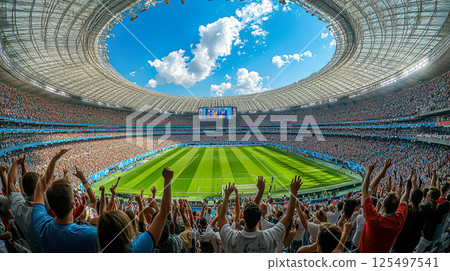 Stadium full of people cheering for a soccer game 125497541