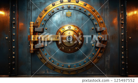 Large, ornate gold and silver door with a keyhole 125497552