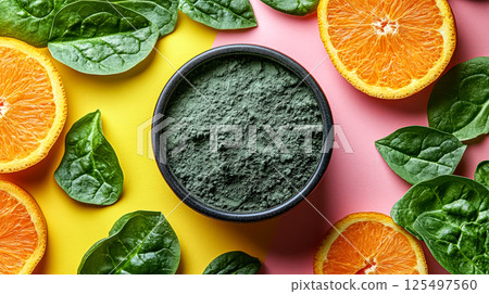 Bowl of green powder is surrounded by spinach and oranges 125497560