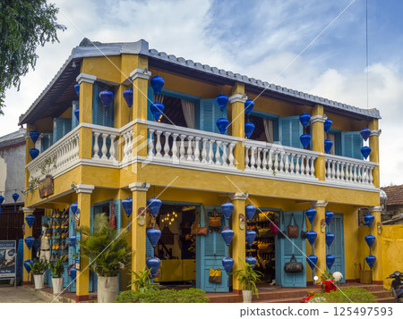 Hoi An Old Town, Vietnam: Buildings decorated with blue lanterns / Hoi An, Vietnam 125497593