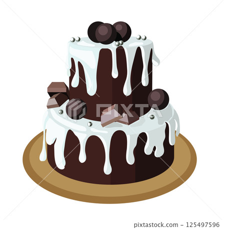 Beautiful two-tier chocolate cake decorated with white icing and chocolate confetti. Vector illustration isolated on white background. 125497596