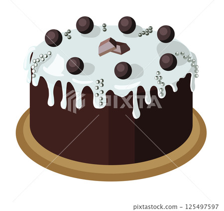 Beautiful chocolate cake decorated with white icing and chocolate confetti. Vector illustration isolated on white background. Beautiful chocolate cake decorated with white icing and chocolate confetti. Vector illustration isolated on white background. 125497597
