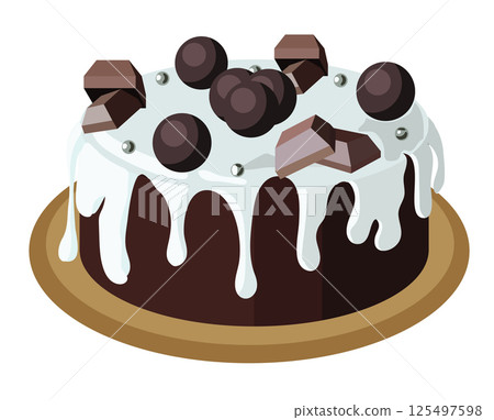Beautiful  chocolate cake decorated with white icing and chocolate confetti. Vector illustration isolated on white background. 125497598