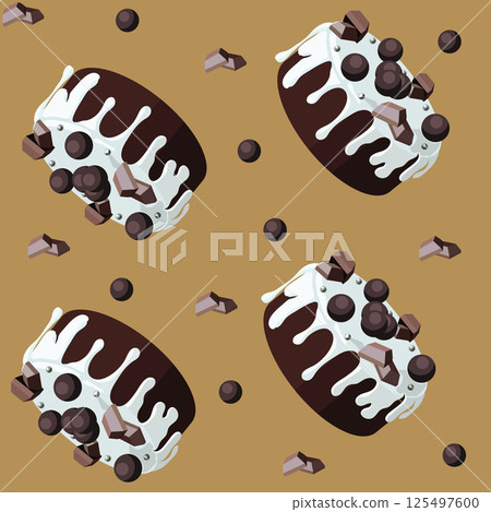 Beautiful chocolate cake decorated with white icing and chocolate confetti. Seamless pattern. Vector illustration. Beautiful chocolate cake decorated with white icing and chocolate confetti. Seamless pattern. Vector illustration. 125497600