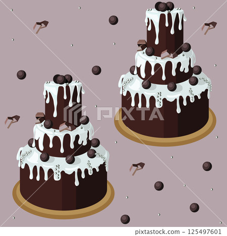 Beautiful chocolate cake decorated with white icing and chocolate confetti. Seamless pattern. Vector illustration. 125497601