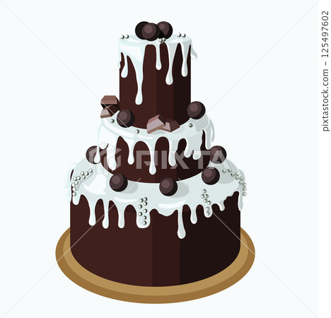 Beautiful chocolate cake decorated with white icing and chocolate confetti. Vector illustration isolated on white background. Beautiful chocolate cake decorated with white icing and chocolate confetti. Vector illustration isolated on white background. 125497602