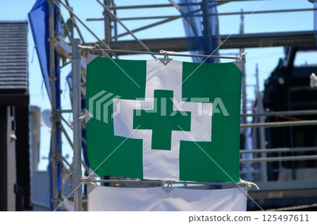 Safety and health flags at construction sites Safety and health flags at construction sites 125497611