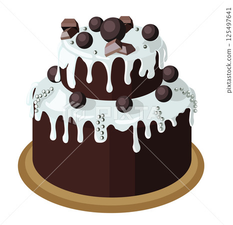 Beautiful chocolate cake decorated with white icing and chocolate confetti. Vector illustration isolated on white background. Beautiful chocolate cake decorated with white icing and chocolate confetti. Vector illustration isolated on white background. 125497641