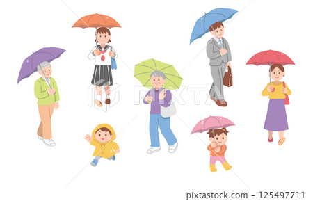 一組人們在雨天打傘外出的插圖 一組人們在雨天打傘外出的插圖 125497711