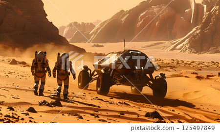 An astronaut in a spacesuit and helmet on the surface of Maras or another planet. AI Generated 125497849