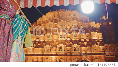 Hawa Mahal Palace In Night Illuminations. Palace Of Winds. Built From Red And Pink Sandstone, It Is On Edge Of City Palace, Jaipur. Maharaja Sawai Pratap Singh Built This Palace In 1799. Very Unique Hawa Mahal Palace In Night Illuminations. Palace Of Winds. Built From Red And Pink Sandstone, It Is On Edge Of City Palace, Jaipur. Maharaja Sawai Pratap Singh Built This Palace In 1799. Very Unique 125497871