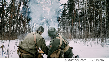 Back View On Re-enactors Dressed As American Infantry Soldiers F 125497879