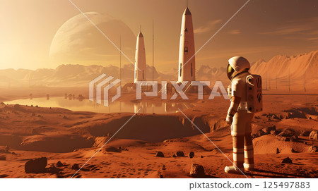 An astronaut in a spacesuit and helmet on the surface of Maras or another planet. AI Generated 125497883