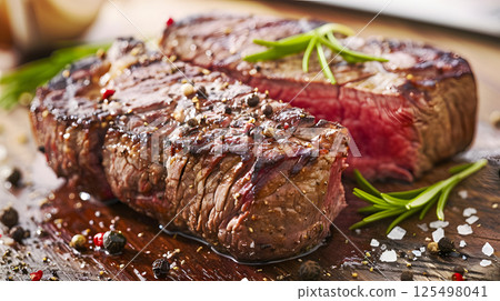 Fresh juicy delicious beef steak on a dark background. AI Generated 125498041