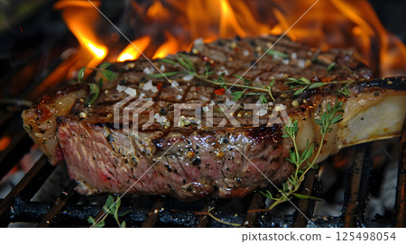 Fresh juicy delicious beef steak on a dark background. AI Generated 125498054